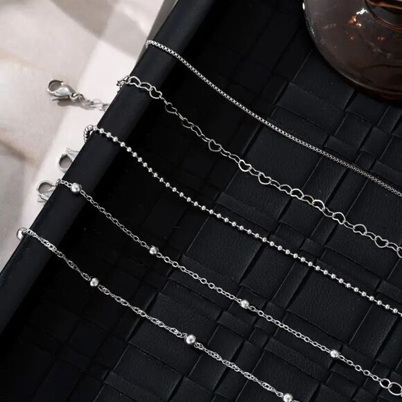 5 Stainless Steel Link Bracelets Set Group Heart Bead Multi Layer Adjustable NWT - Picture 2 of 5